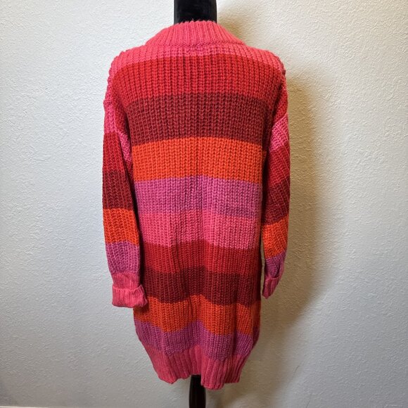 Farm Rio Striped Maxi Cardigan Red Pink Button Ribbed Acrylic Monochrome Medium - Picture 3 of 15